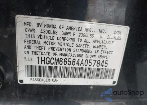 2004 Honda Accord 3.0 Ex from USA, damaged, VIN 1HGCM66564A057845